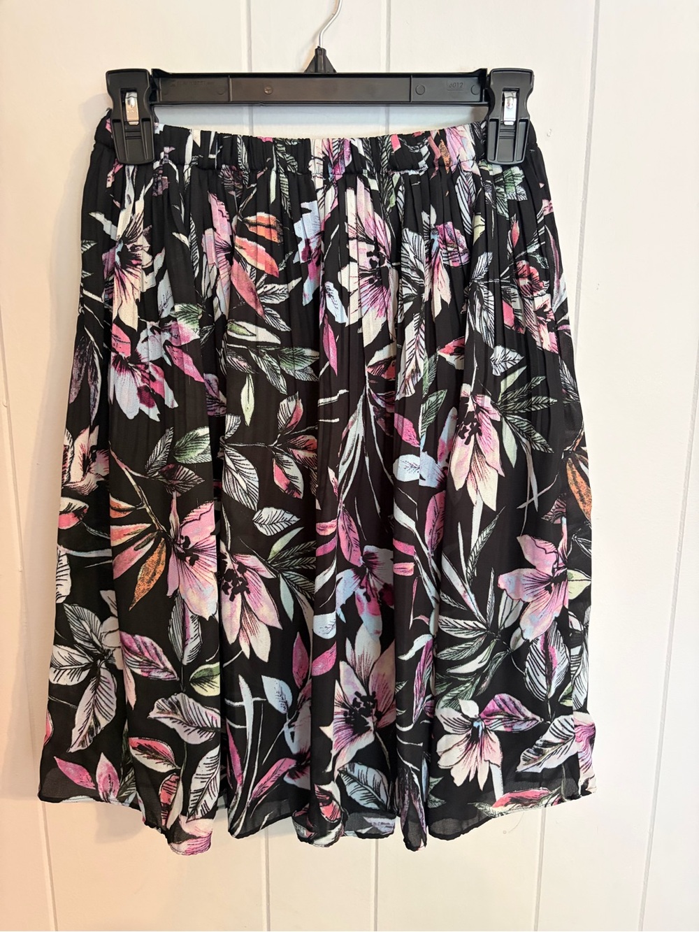 Black Floral Knee Length Skirt with Pink, Lavender & Green Accents